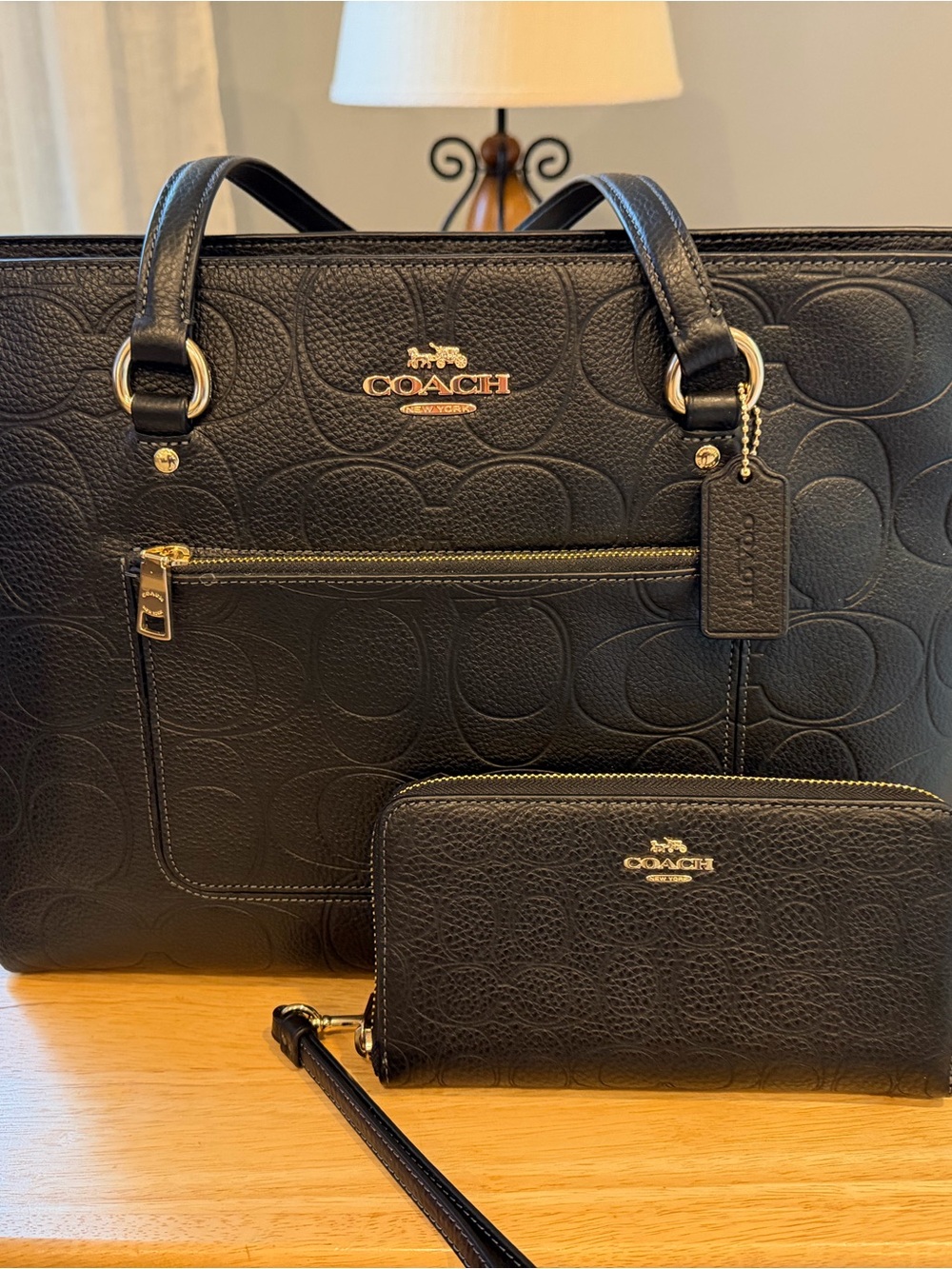 Coach Black Embossed Leather Tote with Matching Wallet